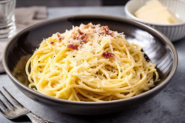 Miska carbonara z dodatkowym parmezanem na wierzchu, stworzona za pomocą generatywnej ai