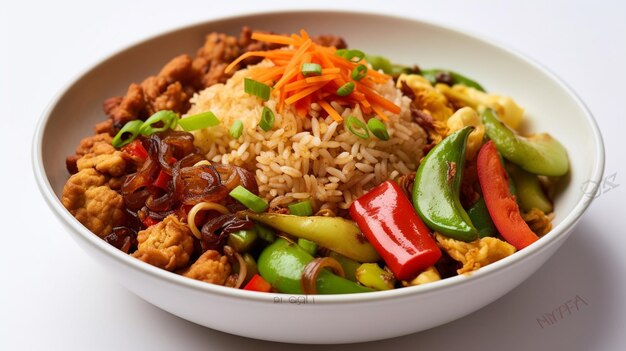 Miska chińskiego jedzenia z ryżem i warzywami.