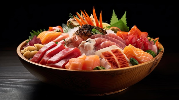 miska chirashi składanka kawałków sashimi pomysłowo ułożonych na przyprawionym ryżu sushi