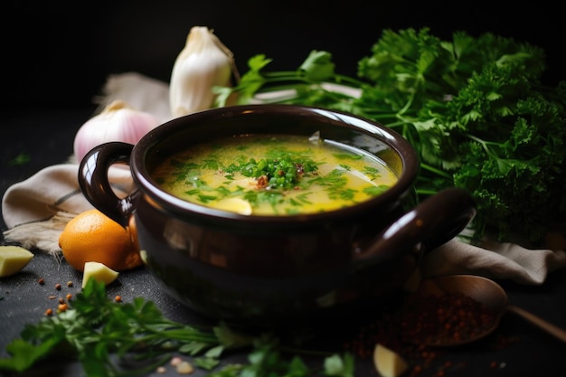 Miska ciepłej zupy ze świeżo posiekanymi ziołami i przyprawami stworzona za pomocą generatywnego ai