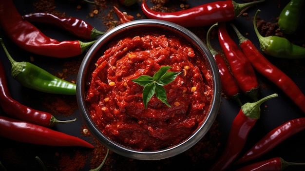 Zdjęcie miska czerwonego dypu chili otoczona papryką chili