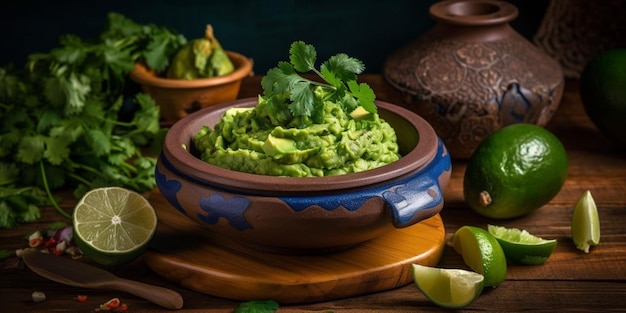 Miska guacamole stoi na stole z innymi produktami spożywczymi.