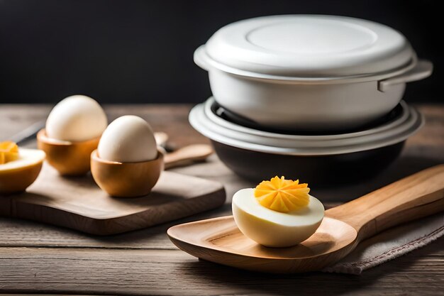 Zdjęcie miska jajek z plasterkiem cytryny na drewnianej desce.