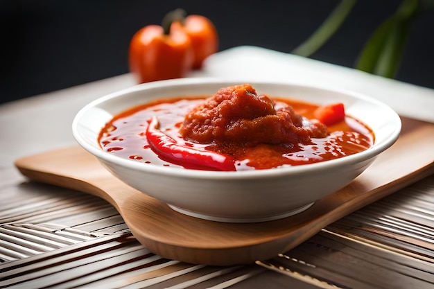 Zdjęcie miska jedzenia z czerwonym sosem i talerz jedzenia na stole.