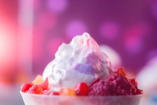 Miska jogurtu malinowego z różowym i fioletowym tłem.