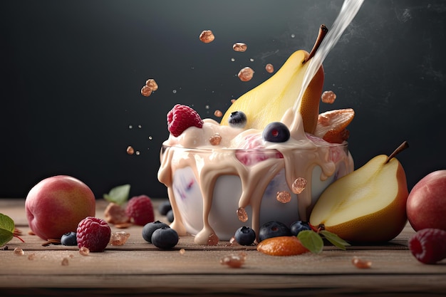 Miska jogurtu owocowego z owocami na wierzchu