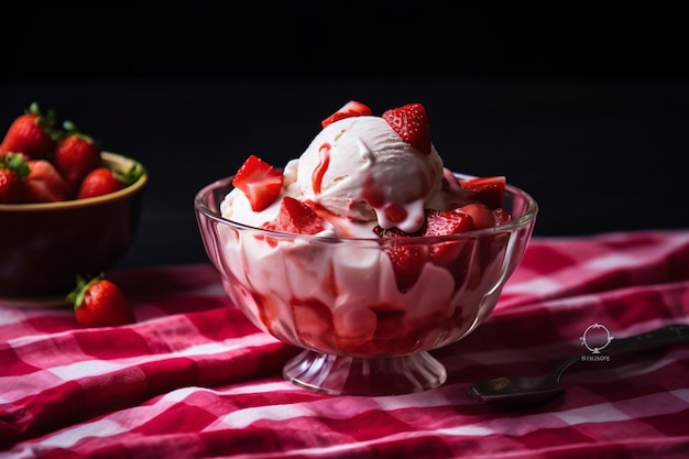 Miska lody truskawkowej z świeżymi truskawkami na czerwonym i białym szafkowym obrusie