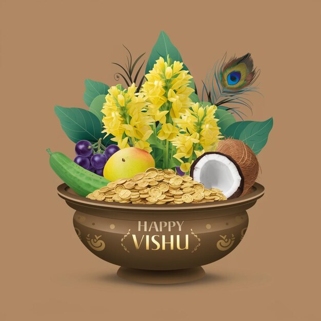 miska owoców i kwiatów z obrazem kwiatu Vishu plakat mediów społecznościowych