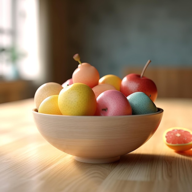 Miska owoców jest na stole z grejpfrutem na stole.