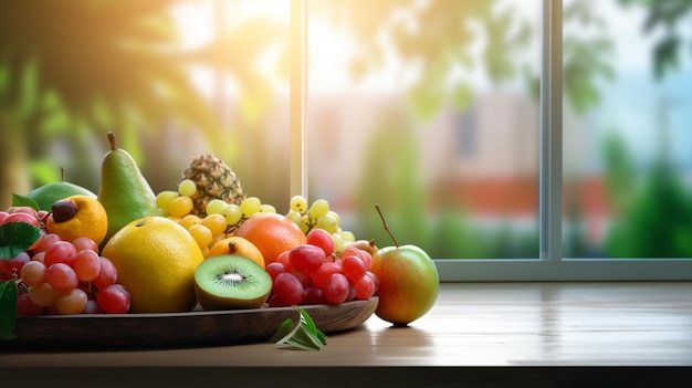 Miska owoców na stole z oknem w tle