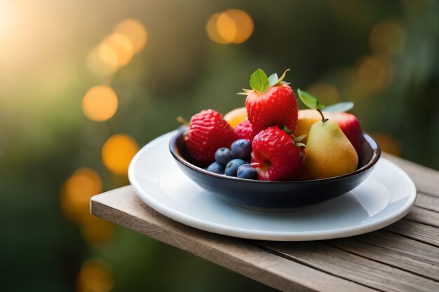 miska owoców na stole z talerzem truskawek i malin.