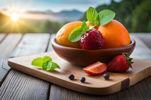 miska owoców z łyżką truskawek i liści mięty na drewnianym stole.