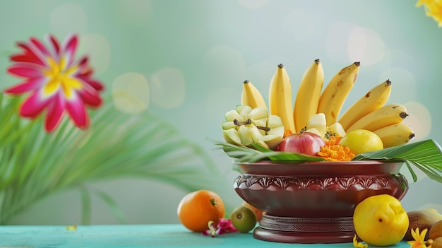 miska owoców z rośliną w tle Pozdrowienia na festiwal Vishu