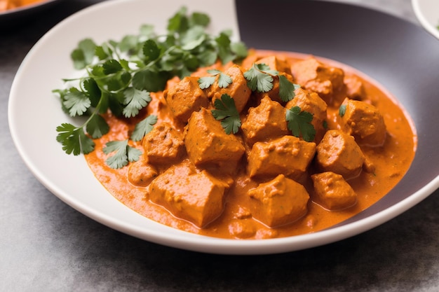 Miska paneer tikka masala z gałązką kolendry.