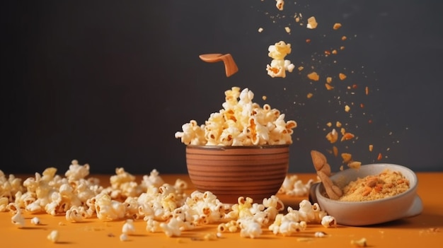 Miska popcornu jest wrzucana do miski, a popcorn jest do niej wrzucany.