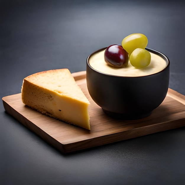 Miska sera i winogron z plasterkiem sera na drewnianej desce.