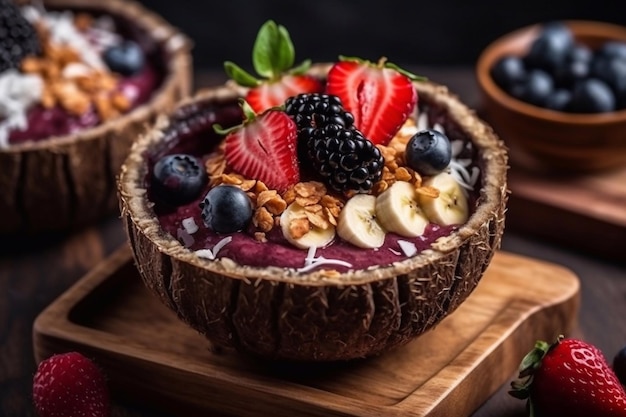 Zdjęcie miska smoothie w filiżance kokosowej z jagodami i owocami generacyjna ai