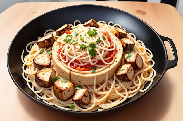 Miska spaghetti z naczyniem tofu na wierzchu.
