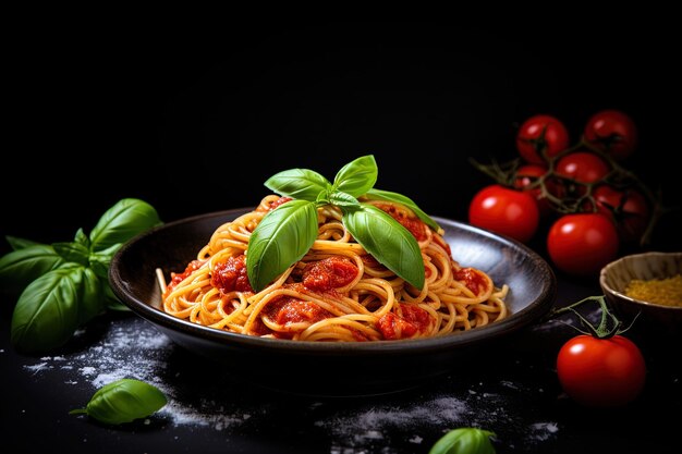 miska spaghetti z pomidorami i bazyliką