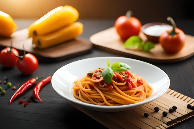 Miska spaghetti z sosem pomidorowym i świeżymi pomidorami na stole.