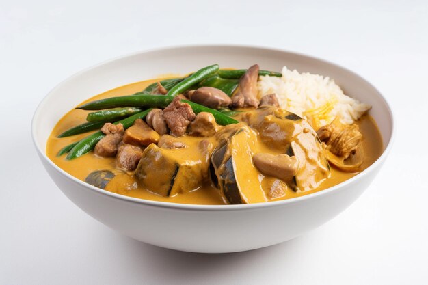 Miska tajskiego curry z ryżem i fasolką szparagową.