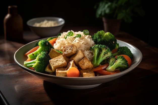 Miska tofu z ryżem i brokułami na boku.