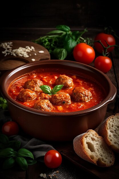 Miska włoskich klopsików z sosem pomidorowym i chlebem na stole