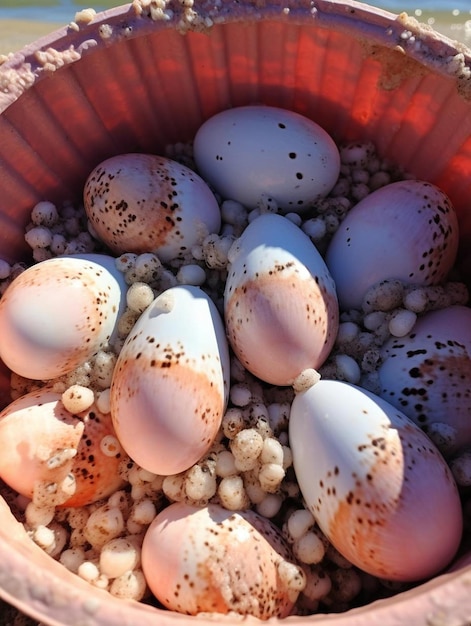 miska wypełniona mnóstwem jajek na piaszczystej plaży