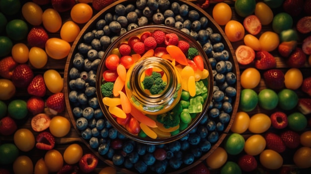 Miska wypełniona różnymi owocami i warzywami generujący obraz ai