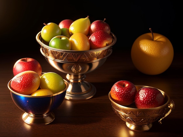 Miska z owocami stoi na stole z innymi miskami z owocami.