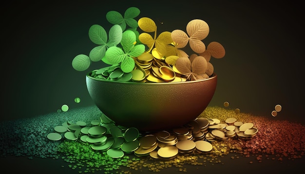 Miska ze złotymi monetami oraz zielonymi i żółtymi monetami ze słowami cztery i cztery na górze.