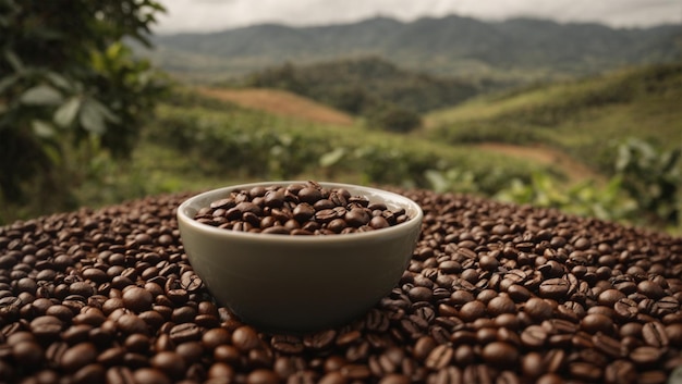 Miska ziaren kawy stoi na stosie ziaren kawy