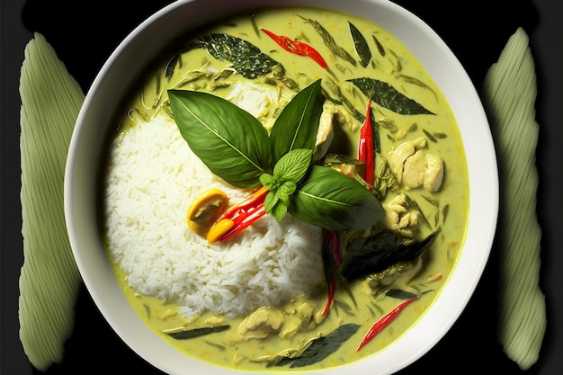 Miska zielonego curry z ryżem i liściem bazylii na wierzchu