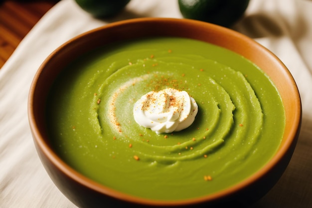 Miska zielonej zupy z kleksem bitej śmietany.