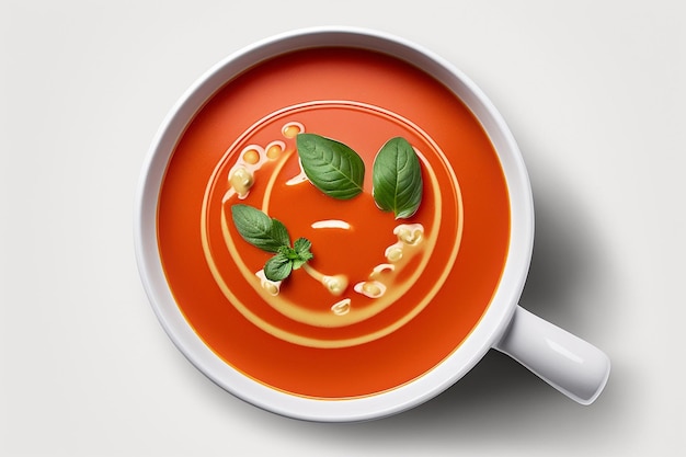 Miska zupy karote z sosem pomidorowym i listkami bazylii. na białym tle