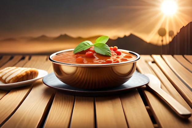 Miska zupy pomidorowej z filiżanką herbaty na stole
