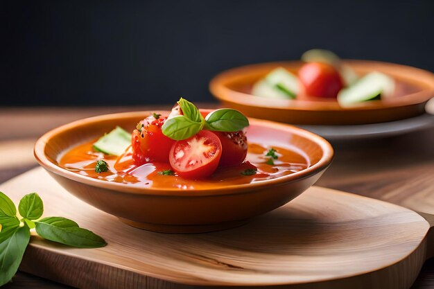 Miska zupy pomidorowej z liśćmi bazylii na boku