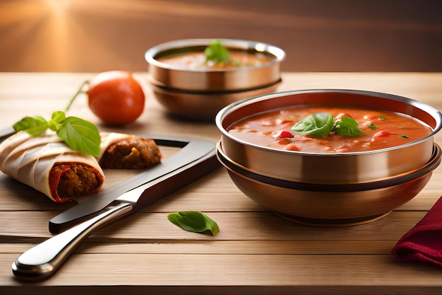 Miska zupy pomidorowej z nożem i deską do krojenia na stole