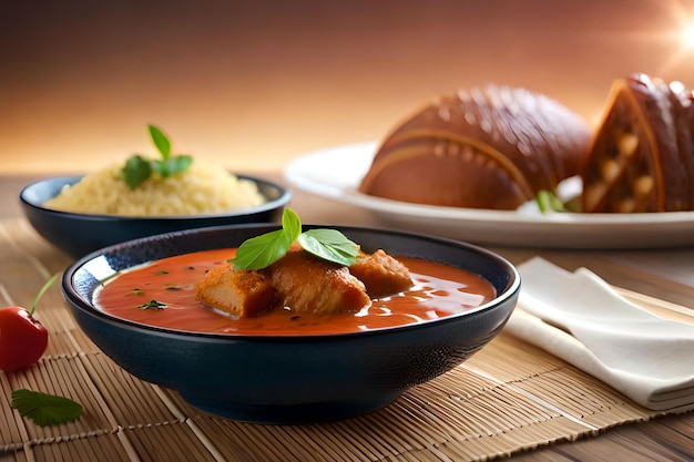 Miska zupy pomidorowej z ryżem i talerz jedzenia na stole.