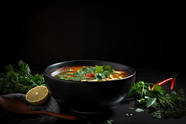 Miska zupy tom yam ze świeżymi ziołami i przyprawami na czarnym tle stworzona za pomocą generatywnej ai