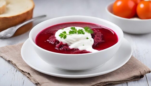 miskę czerwonej zupy ozdobionej ziołami