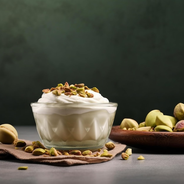 miskę kremowego jogurtu z zielonymi pistacjami obok świeżych zielonych winogron