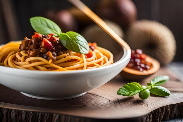 miskę spaghetti z widelcem i łyżką.