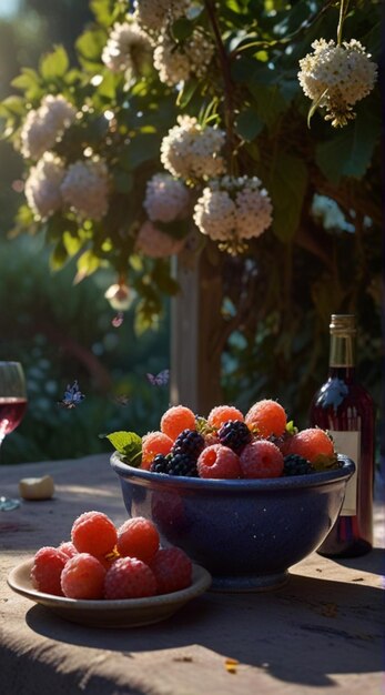 Zdjęcie miskę winogron i butelkę wina na stole