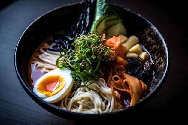 Zdjęcie miso ramen azjatyckie makarony w bulionie z jajkami miso ramin zupka na ciemnym tle abstrakt generatywna ilustracja ai