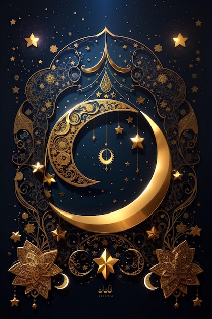 Misternie szczegółowy plakat Eid ul Adha ze złotym półksiężycem i gwiazdami na nocnym niebie