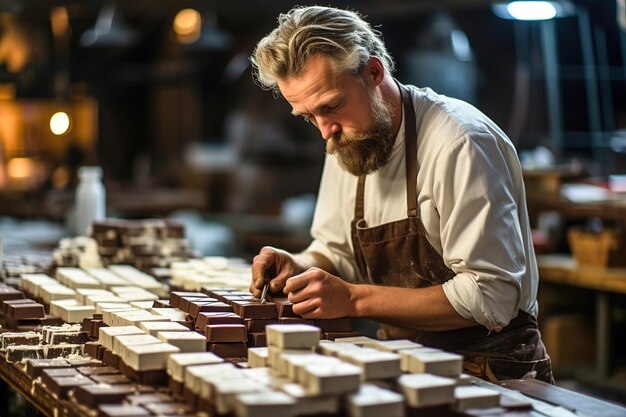 Mistrz cukiernictwa przygotowuje batony czekoladowe w warsztacie cukierniczym