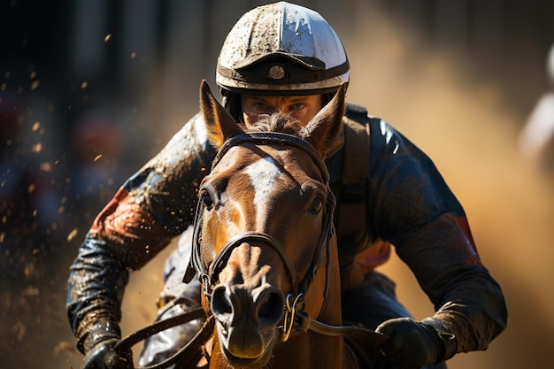 Zdjęcie mistrz dżokejów na koniach wyścigowych w terenie