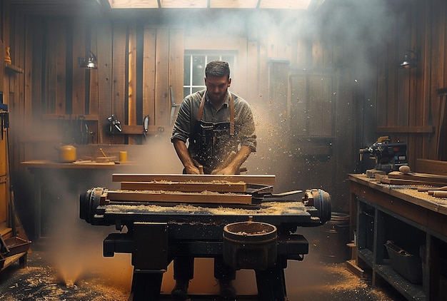Zdjęcie mistrz stolarz pracuje nad kawałkiem drewna w swojej stolarce