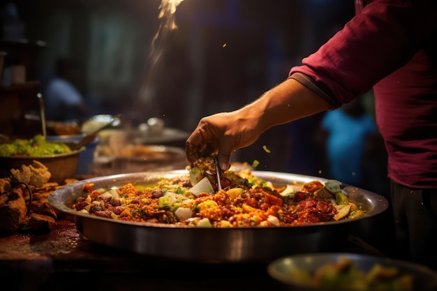 Mistrz street foodu tworzy pikantny chaos odzwierciedlający bogatą paletę kulinarną Indii na białym tle